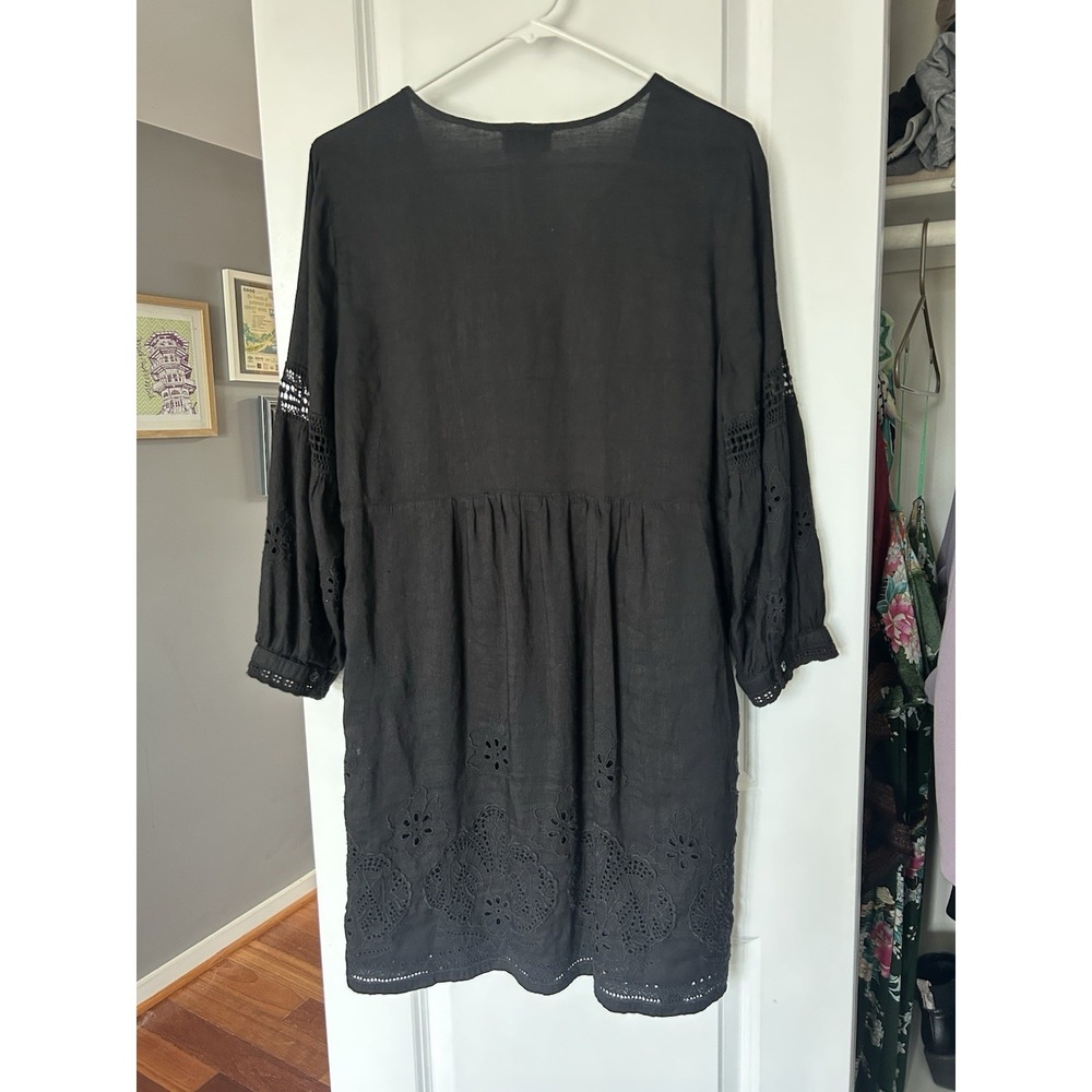 Tommy Bahama St Lucia Split V Neck Black Long Sleeve Eyelet Linen Dress Sz Small - Picture 2 of 7